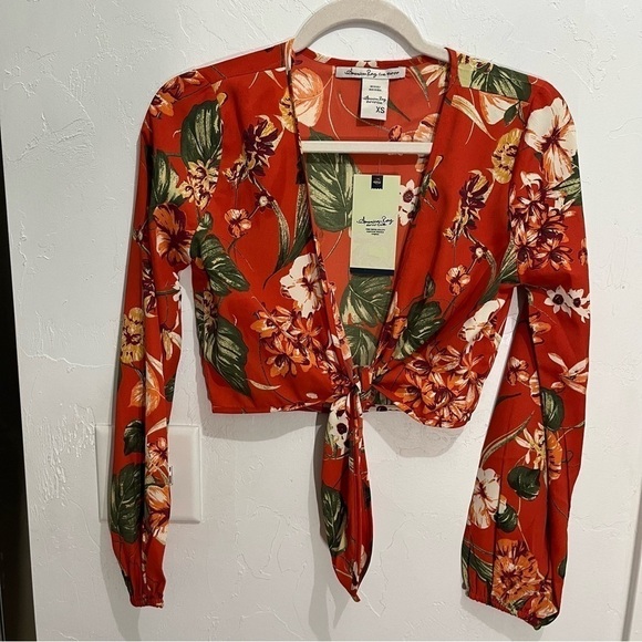 American Rag Tropical Print Tie Front Crop Top XS - Picture 2 of 13